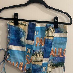 White Fox Boutique Blue and Orange Graphic Top